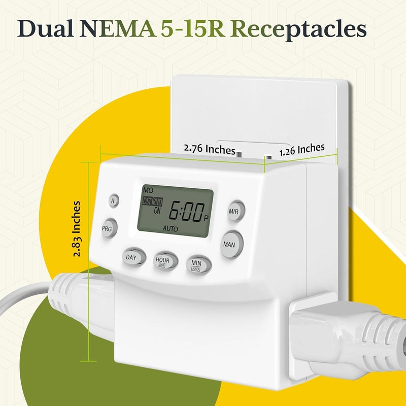 TG Heavy Duty Programmable Plug-in Digital Timer for Electrical Outlets, 7-Day Schedule, Random Mode, 120V 15A 1200W - Image 2